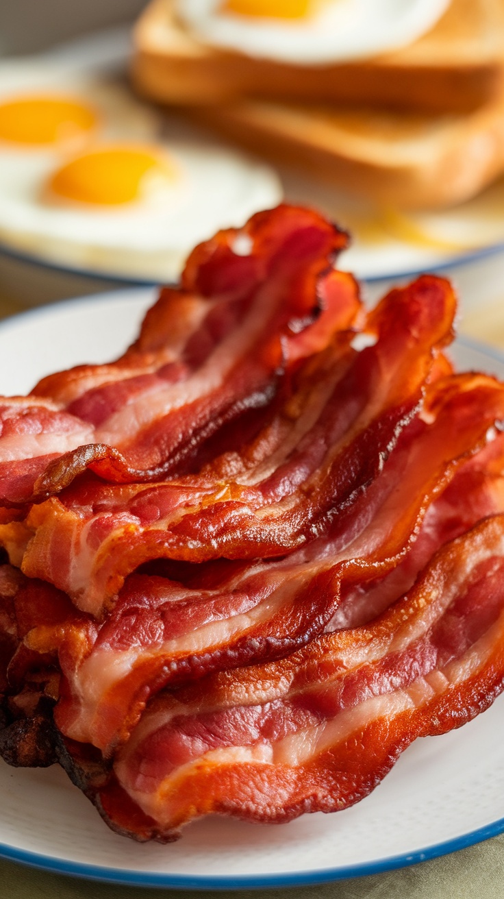 Crispy Air Fryer Bacon Recipe Crispy air fryer bacon served on a plate with eggs and toast.